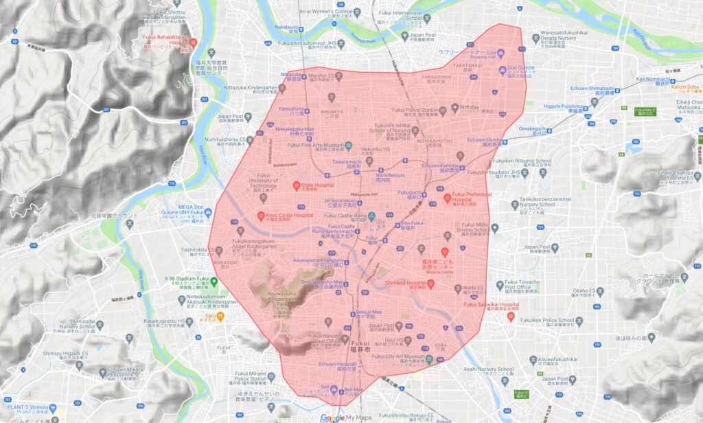 福井でUber Eats（ウーバーイーツ ）が利用できるエリア・範囲の地図